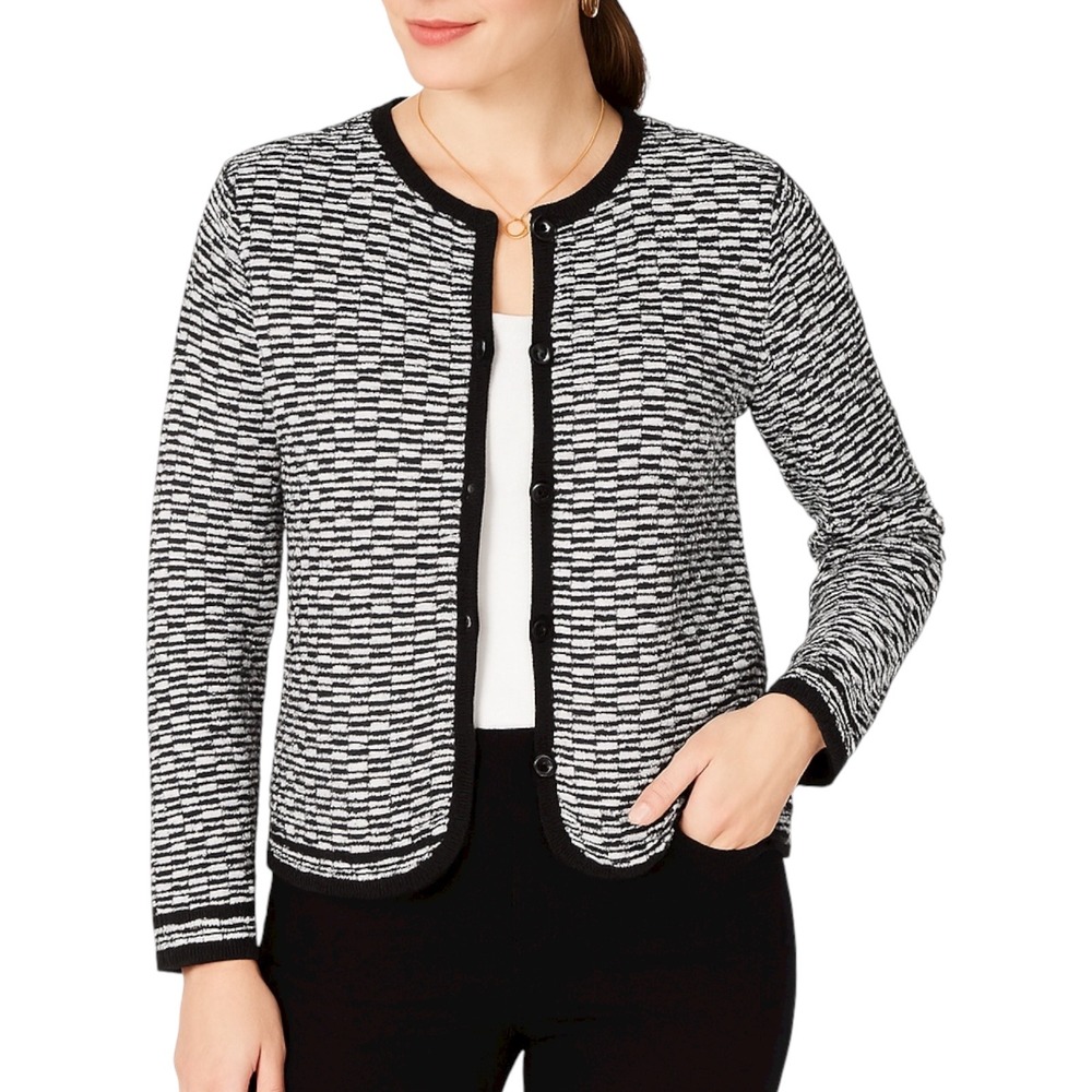 Black White Textured Knit Cardigan Sweater Women's S‎ Button Front Classic Retro